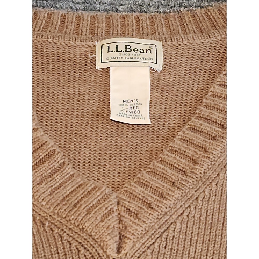 LL Bean Mens V-Neck Sweater Vest Tan Brown 100% Cotton Knit Large L-REG 0FW80 - Picture 2 of 6